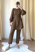 Tesettür giyim KAHVE BAĞCIK DETAYLI PANTOLONLU TAKIM T 4016