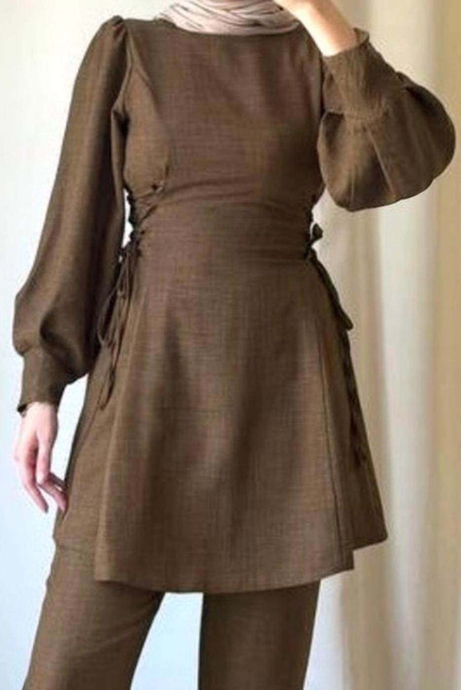 Tesettür giyim KAHVE BAĞCIK DETAYLI PANTOLONLU TAKIM T 4016