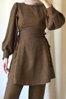 Tesettür giyim KAHVE BAĞCIK DETAYLI PANTOLONLU TAKIM T 4016