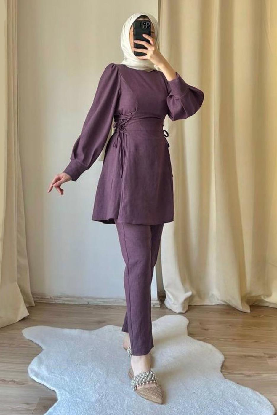 Tesettür giyim PEMBE BAĞCIK DETAYLI PANTOLONLU TAKIM T 4016
