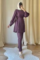 Tesettür giyim PEMBE BAĞCIK DETAYLI PANTOLONLU TAKIM T 4016