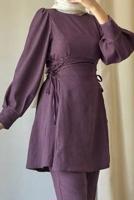 Tesettür giyim PEMBE BAĞCIK DETAYLI PANTOLONLU TAKIM T 4016