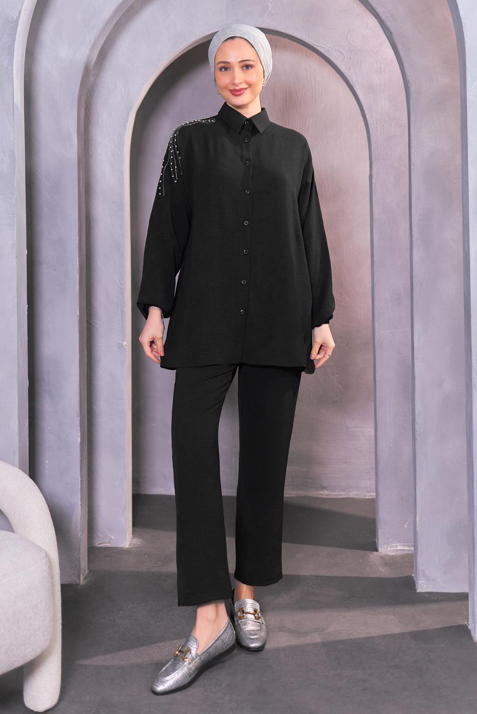 Tesettür giyim SİYAH BONCUK DETAYLI PANTOLONLU TAKIM T 4093