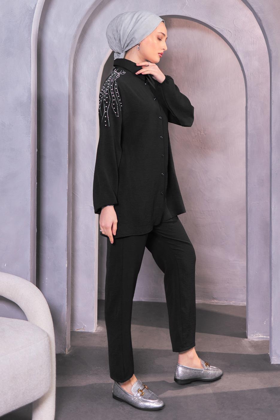 Tesettür giyim SİYAH BONCUK DETAYLI PANTOLONLU TAKIM T 4093