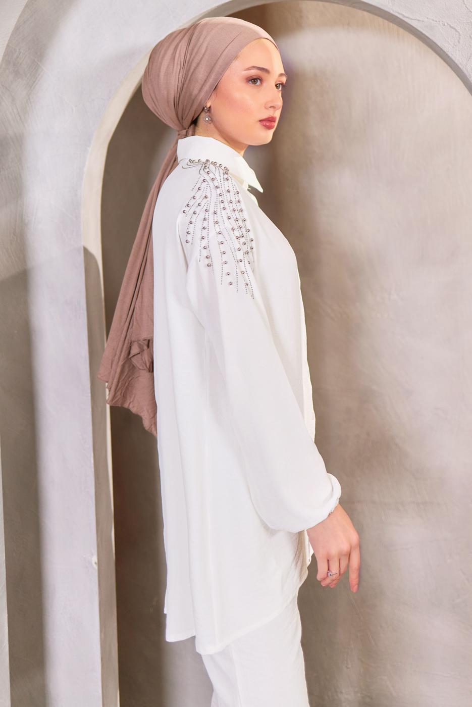 Tesettür giyim BEYAZ BONCUK DETAYLI PANTOLONLU TAKIM T 4093