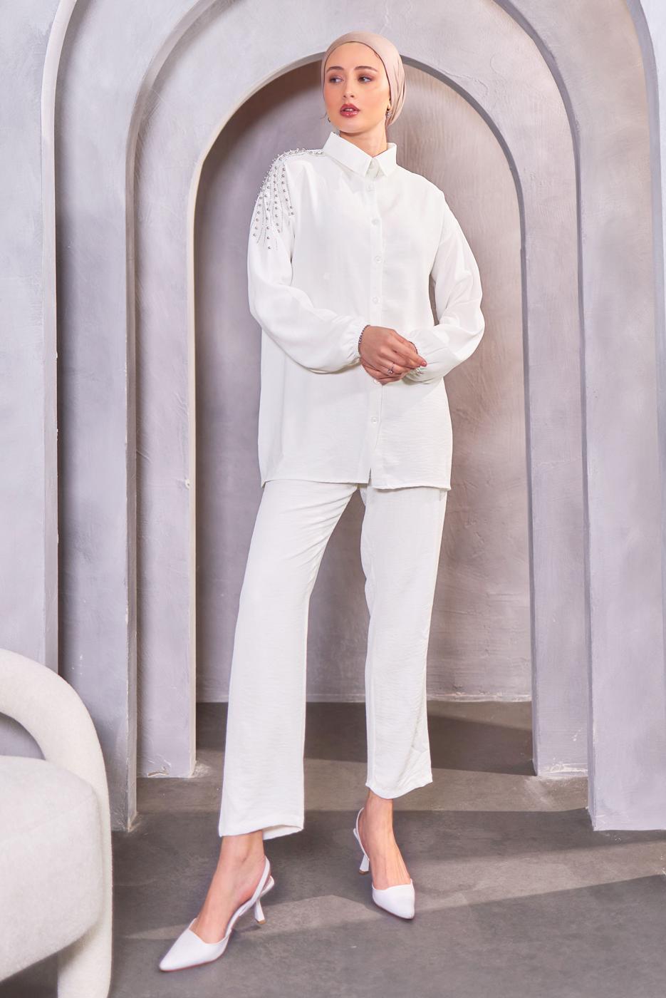 Tesettür giyim BEYAZ BONCUK DETAYLI PANTOLONLU TAKIM T 4093