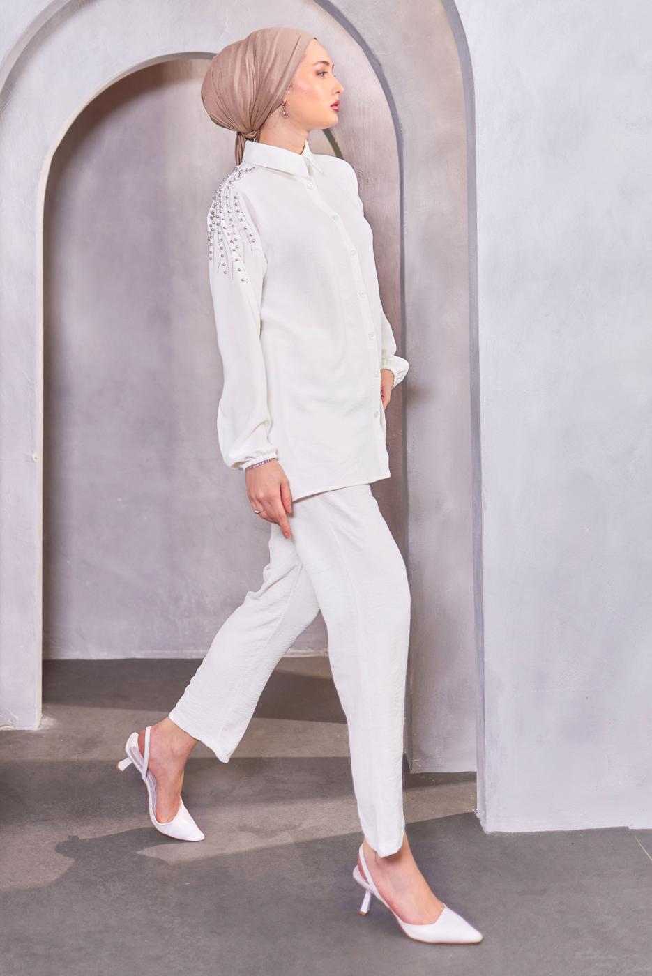 Tesettür giyim BEYAZ BONCUK DETAYLI PANTOLONLU TAKIM T 4093