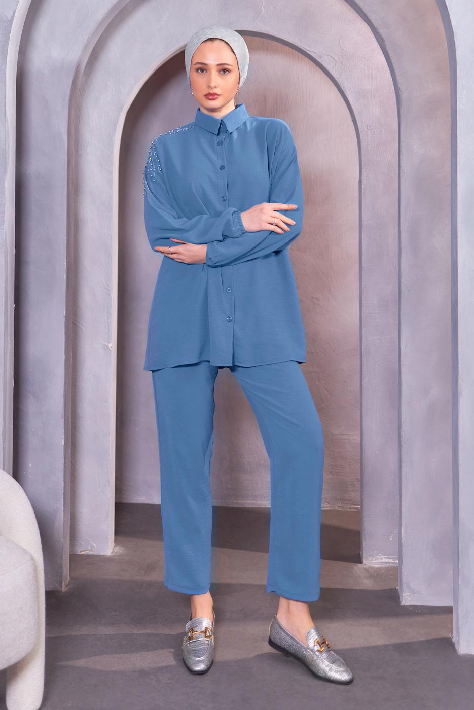 Tesettür giyim LACİVERT BONCUK DETAYLI PANTOLONLU TAKIM T 4093