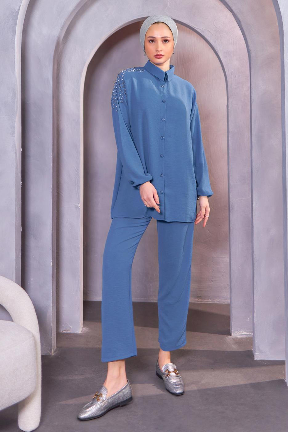 Tesettür giyim LACİVERT BONCUK DETAYLI PANTOLONLU TAKIM T 4093