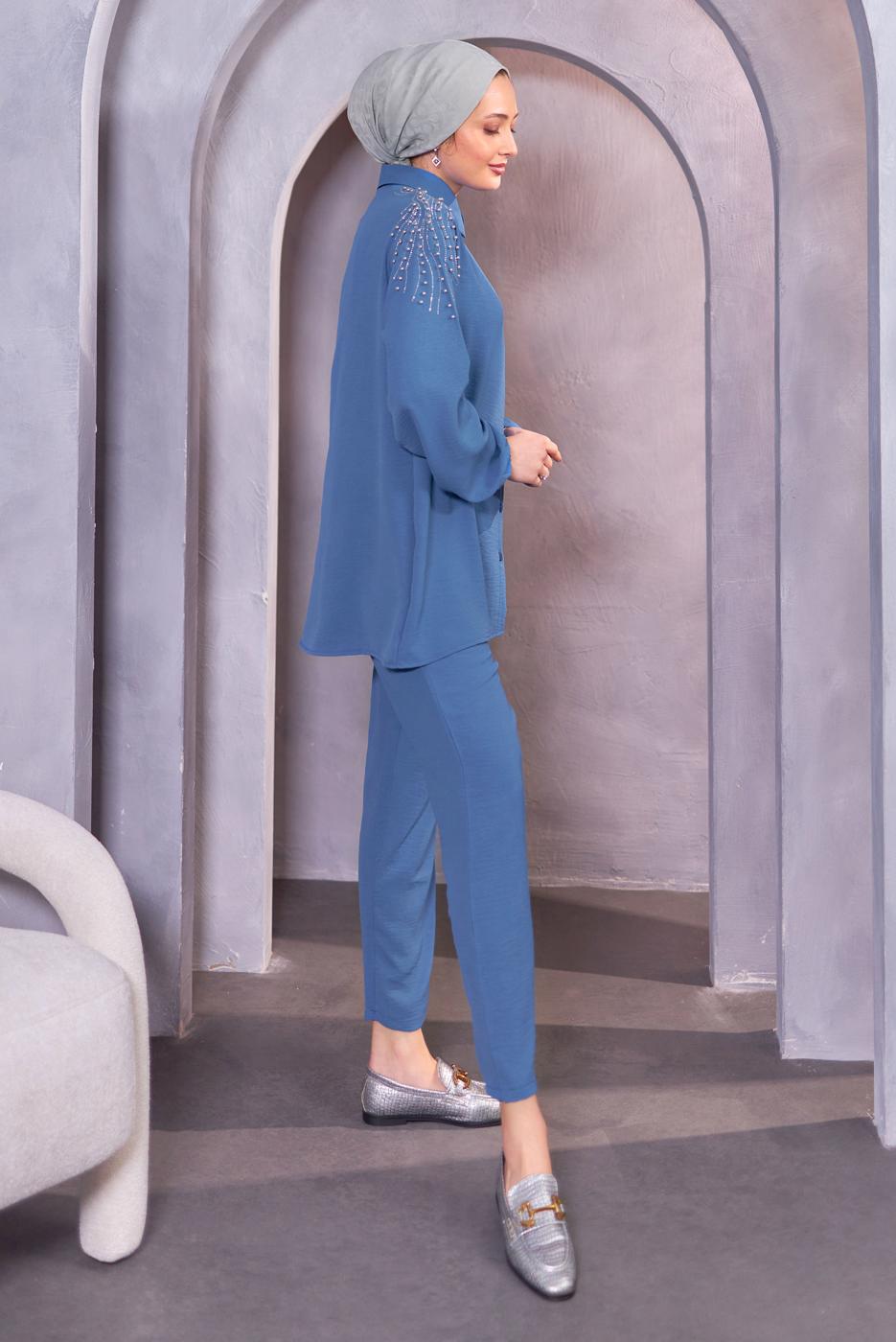 Tesettür giyim LACİVERT BONCUK DETAYLI PANTOLONLU TAKIM T 4093