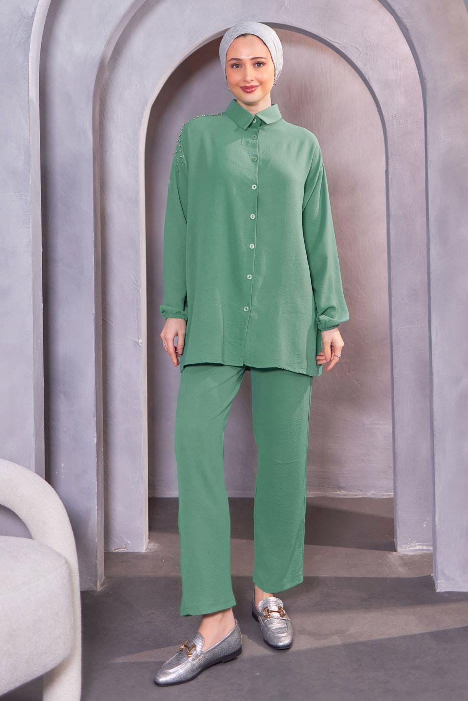 Tesettür giyim YEŞİL BONCUK DETAYLI PANTOLONLU TAKIM T 4093