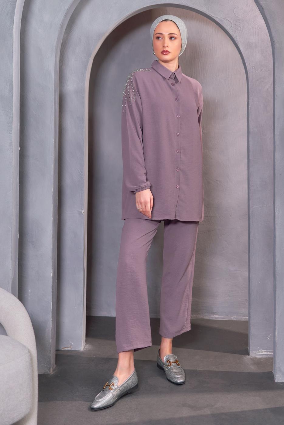Tesettür giyim PEMBE BONCUK DETAYLI PANTOLONLU TAKIM T 4093