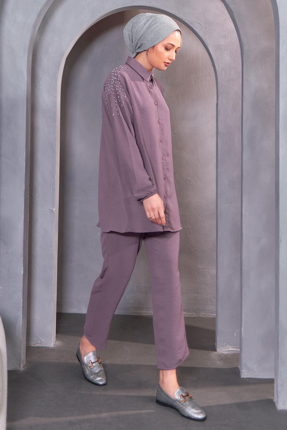 Tesettür giyim PEMBE BONCUK DETAYLI PANTOLONLU TAKIM T 4093
