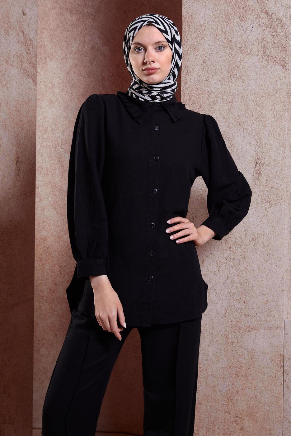 Tesettür giyim SİYAH FIRFIR YAKA PANTOLONLU TAKIM T 4102