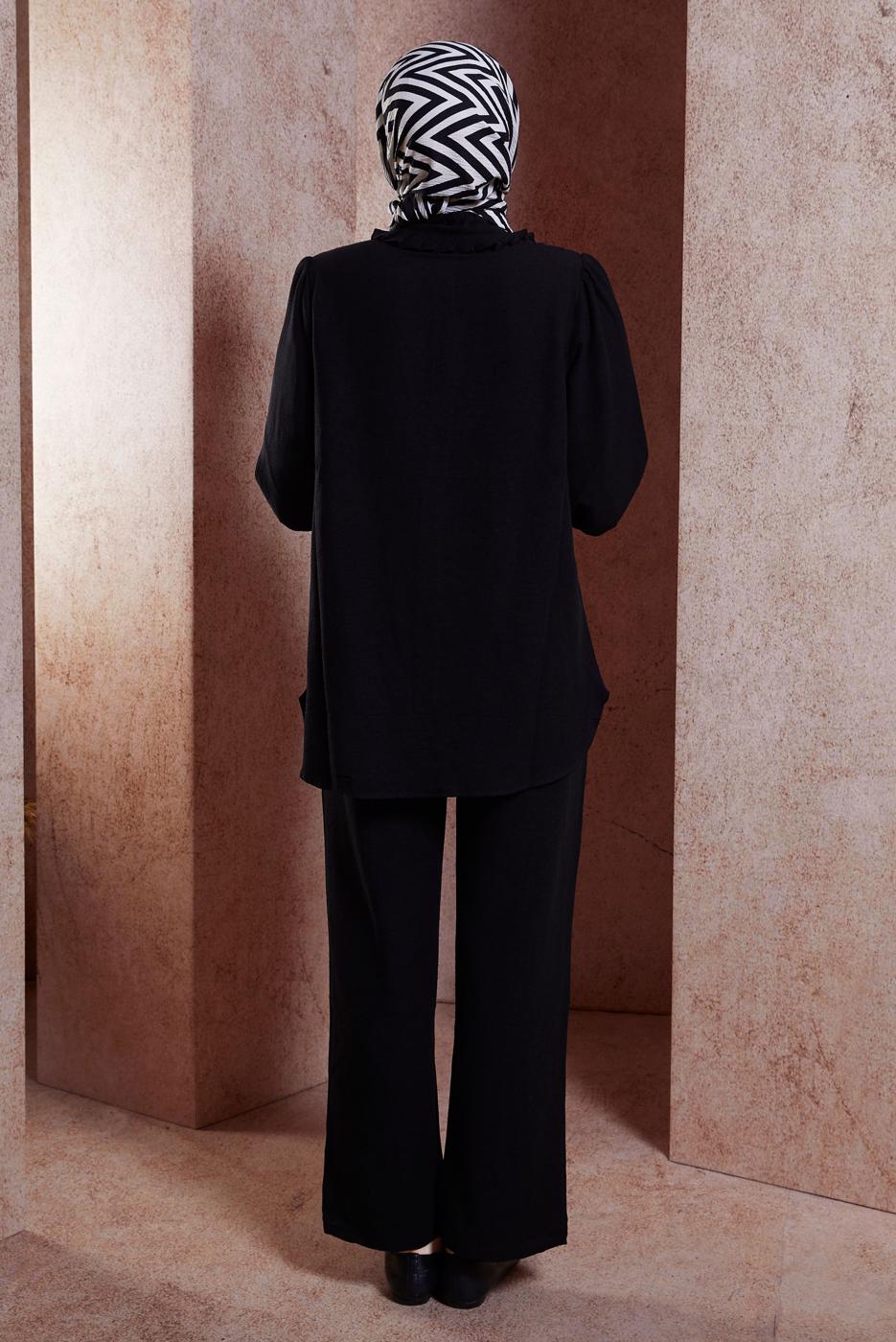 Tesettür giyim SİYAH FIRFIR YAKA PANTOLONLU TAKIM T 4102