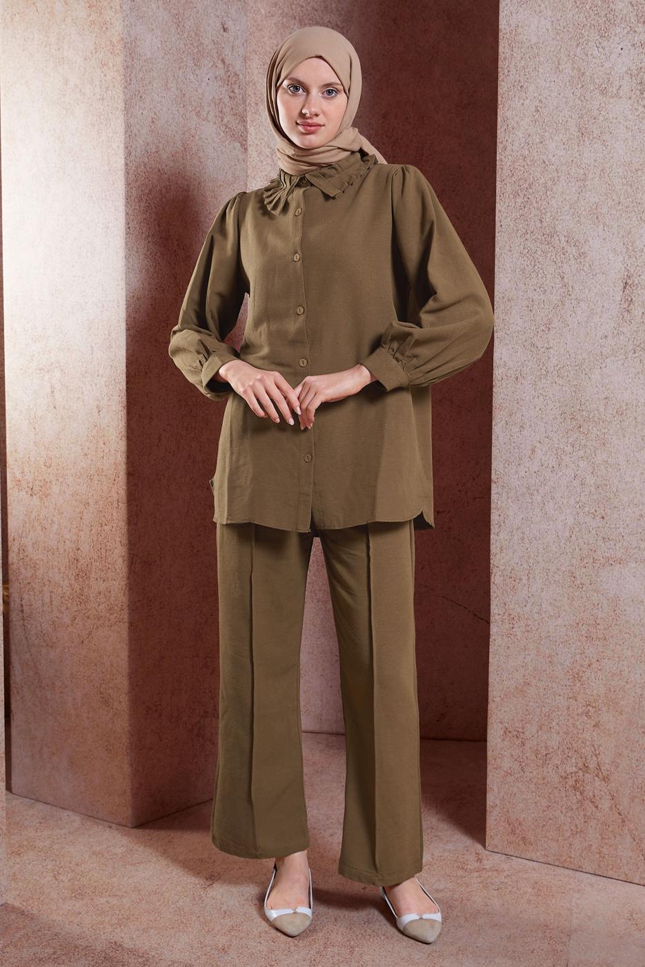 Tesettür giyim KAHVE FIRFIR YAKA PANTOLONLU TAKIM T 4102