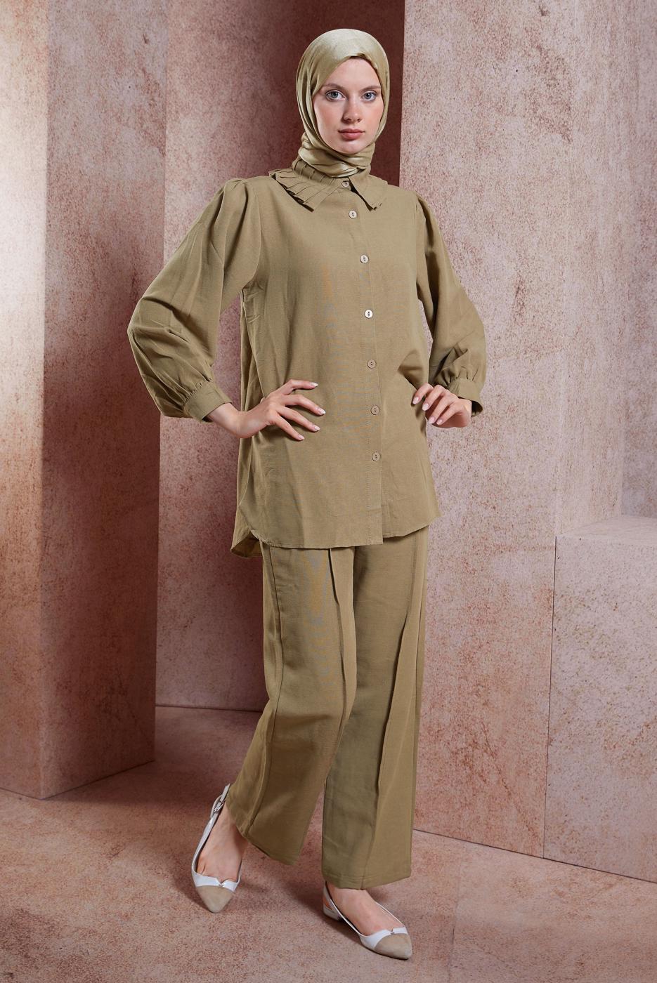 Tesettür giyim VİZON FIRFIR YAKA PANTOLONLU TAKIM T 4102