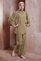 Tesettür giyim VİZON FIRFIR YAKA PANTOLONLU TAKIM T 4102