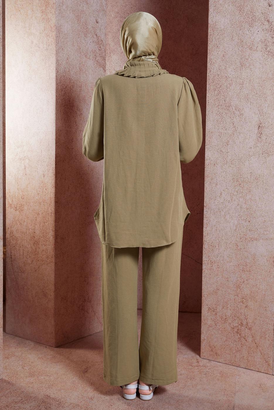 Tesettür giyim VİZON FIRFIR YAKA PANTOLONLU TAKIM T 4102