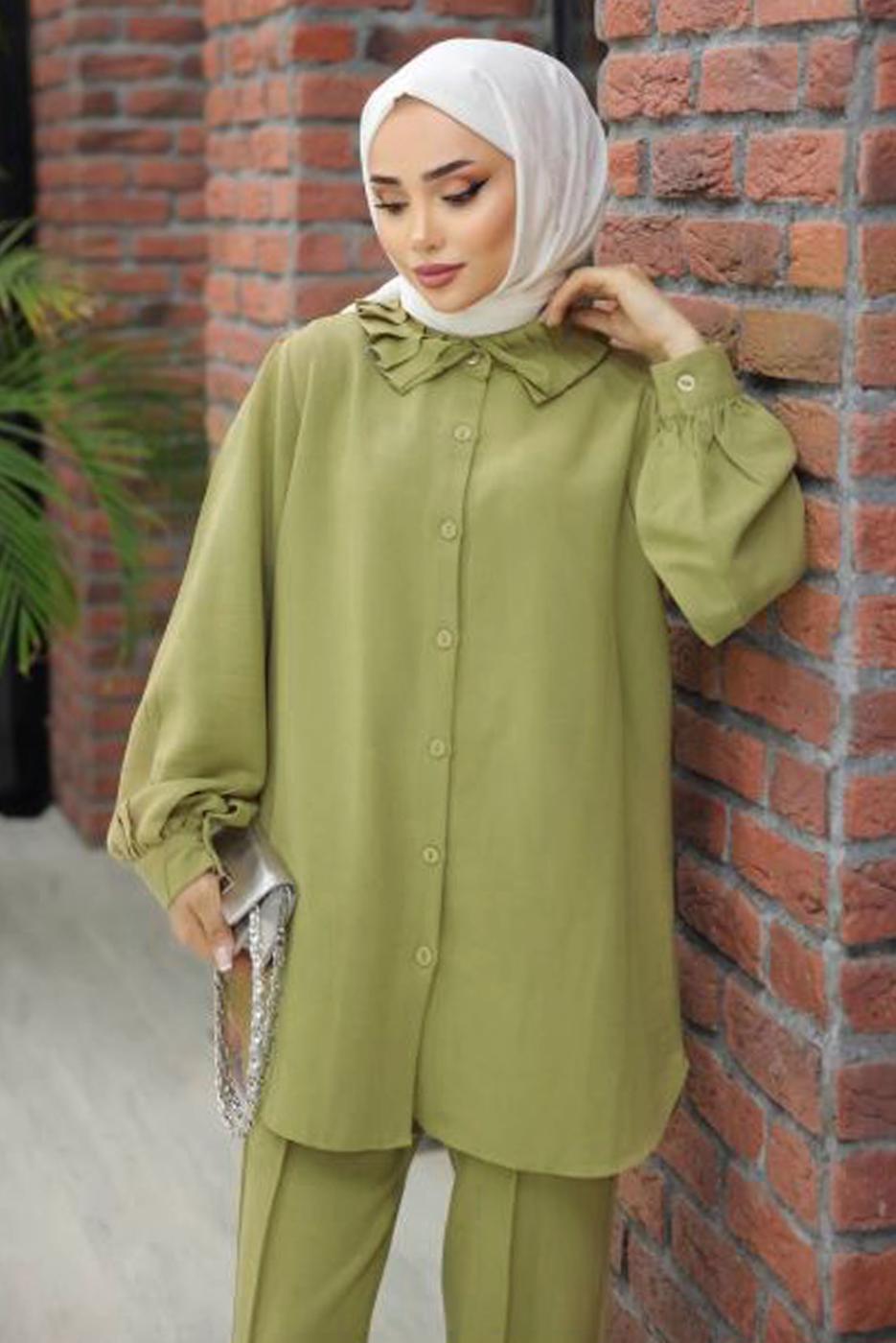 Tesettür giyim YEŞİL FIRFIR YAKA PANTOLONLU TAKIM T 4102