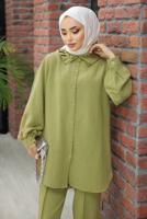 Tesettür giyim YEŞİL FIRFIR YAKA PANTOLONLU TAKIM T 4102