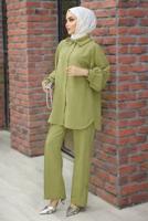 Tesettür giyim YEŞİL FIRFIR YAKA PANTOLONLU TAKIM T 4102