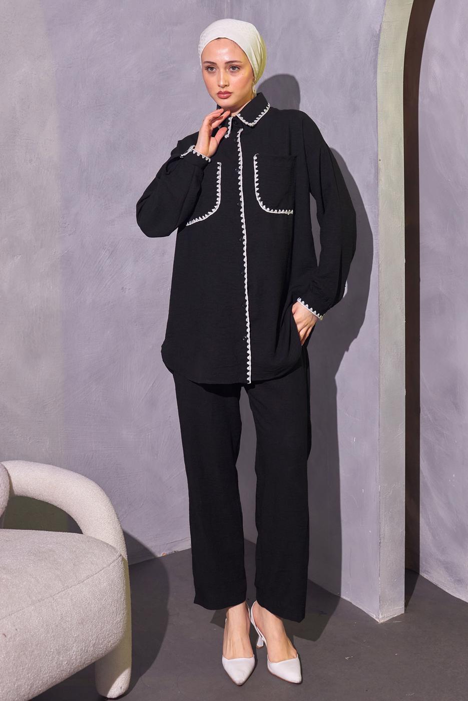 Tesettür giyim SİYAH ÇOBAN DİKİŞ DETAYLI PANTOLONLU TAKIM T 4114