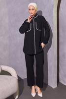 Tesettür giyim SİYAH ÇOBAN DİKİŞ DETAYLI PANTOLONLU TAKIM T 4114