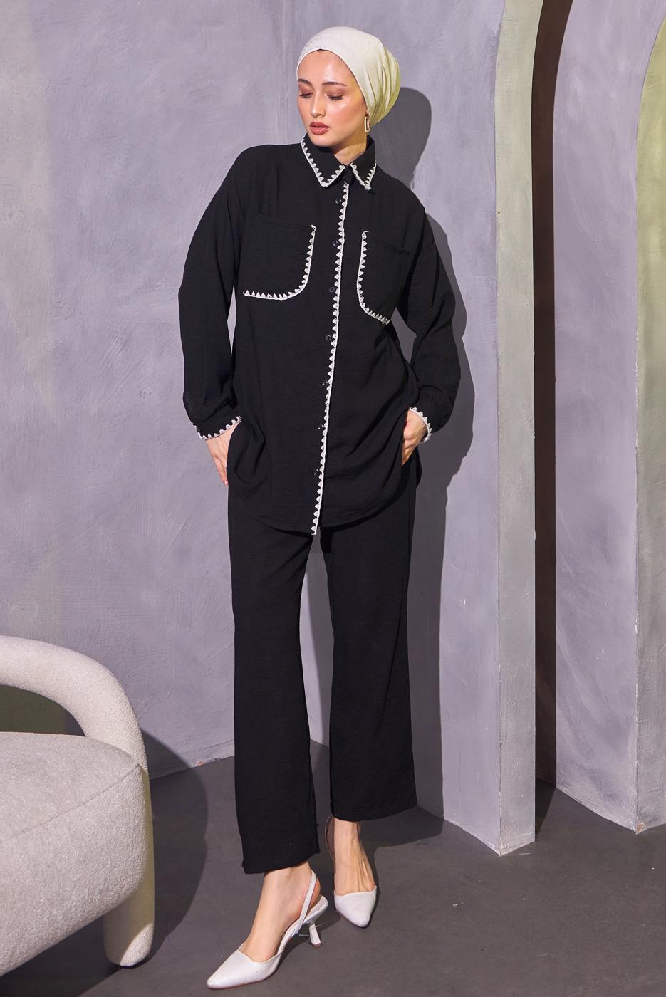 Tesettür giyim SİYAH ÇOBAN DİKİŞ DETAYLI PANTOLONLU TAKIM T 4114