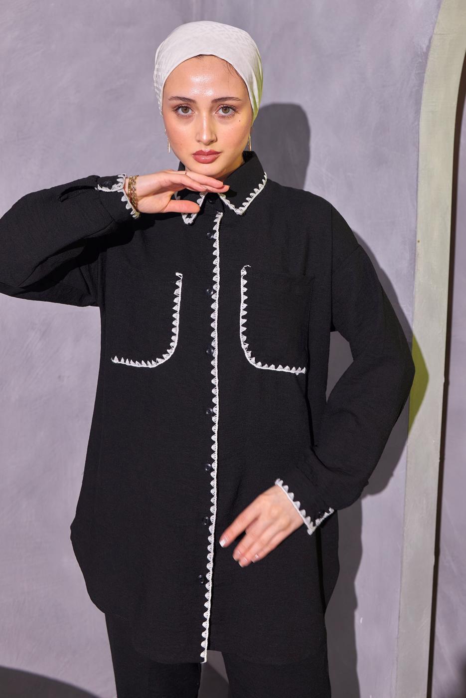 Tesettür giyim SİYAH ÇOBAN DİKİŞ DETAYLI PANTOLONLU TAKIM T 4114