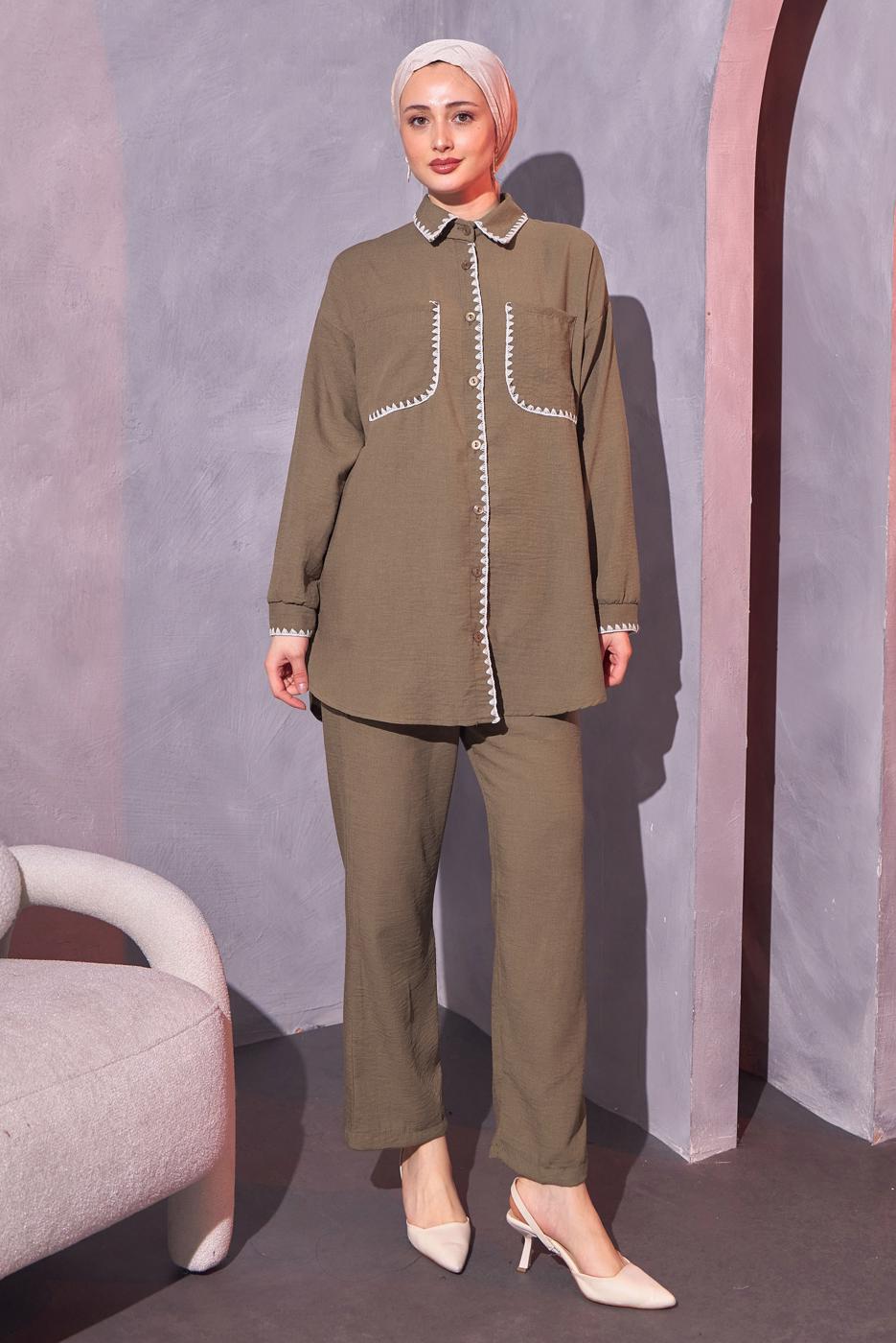 Tesettür giyim KAHVE ÇOBAN DİKİŞ DETAYLI PANTOLONLU TAKIM T 4114