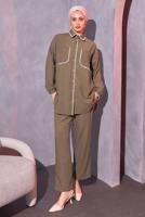 Tesettür giyim KAHVE ÇOBAN DİKİŞ DETAYLI PANTOLONLU TAKIM T 4114