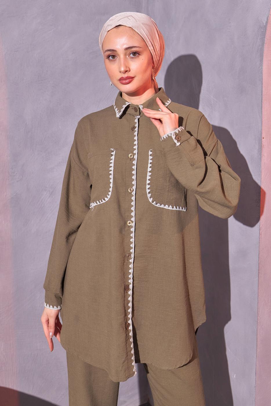 Tesettür giyim KAHVE ÇOBAN DİKİŞ DETAYLI PANTOLONLU TAKIM T 4114