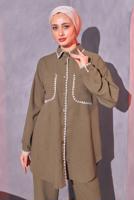 Tesettür giyim KAHVE ÇOBAN DİKİŞ DETAYLI PANTOLONLU TAKIM T 4114