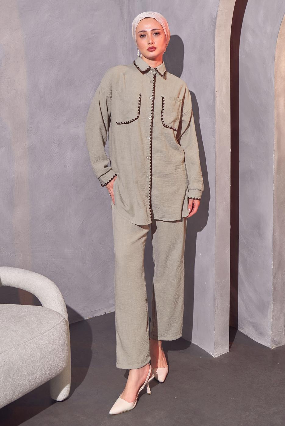 Tesettür giyim VİZON ÇOBAN DİKİŞ DETAYLI PANTOLONLU TAKIM T 4114