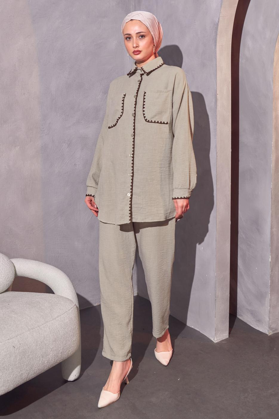 Tesettür giyim VİZON ÇOBAN DİKİŞ DETAYLI PANTOLONLU TAKIM T 4114