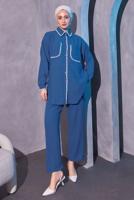 Tesettür giyim LACİVERT ÇOBAN DİKİŞ DETAYLI PANTOLONLU TAKIM T 4114