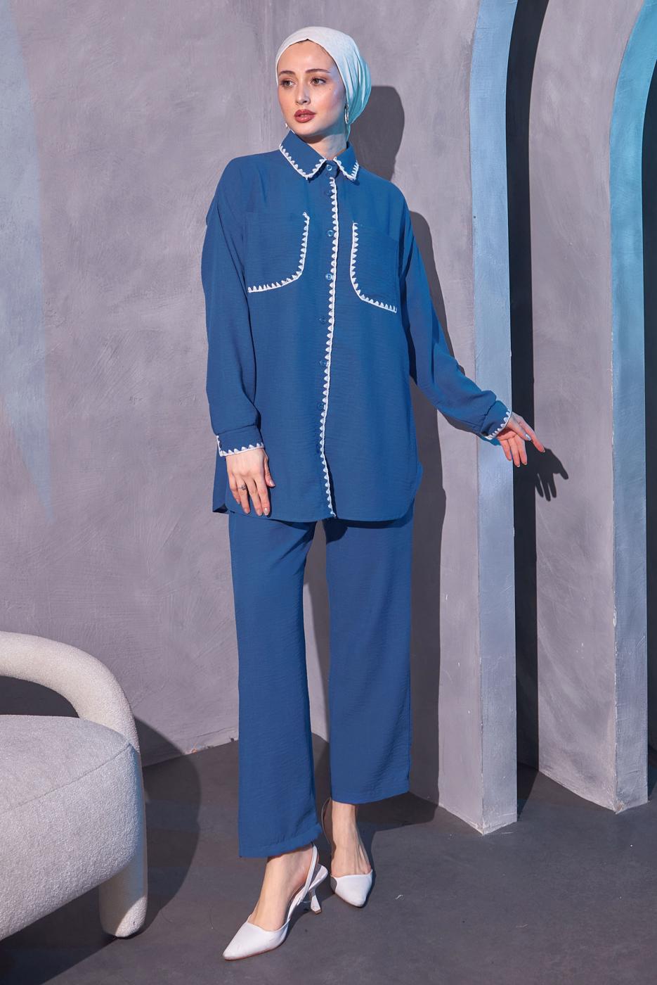 Tesettür giyim LACİVERT ÇOBAN DİKİŞ DETAYLI PANTOLONLU TAKIM T 4114