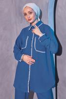 Tesettür giyim LACİVERT ÇOBAN DİKİŞ DETAYLI PANTOLONLU TAKIM T 4114