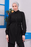 Tesettür giyim SİYAH KUŞAKLI PANTOLONLU TAKIM T 4383