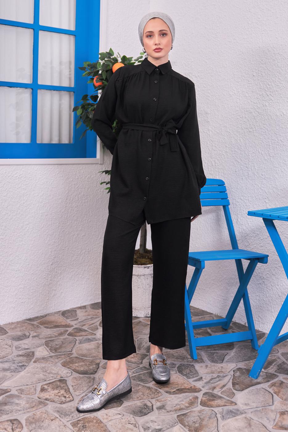 Tesettür giyim SİYAH KUŞAKLI PANTOLONLU TAKIM T 4383