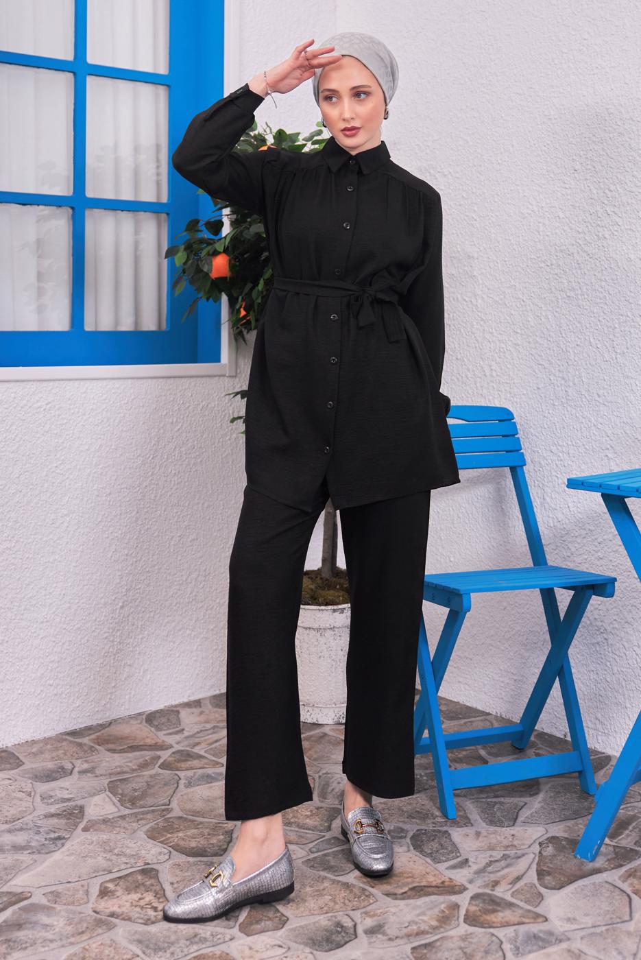 Tesettür giyim SİYAH KUŞAKLI PANTOLONLU TAKIM T 4383