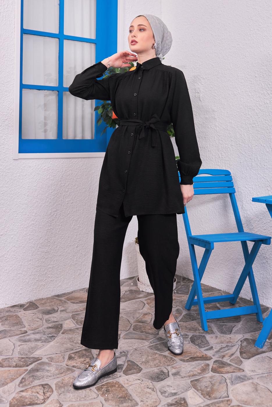 Tesettür giyim SİYAH KUŞAKLI PANTOLONLU TAKIM T 4383