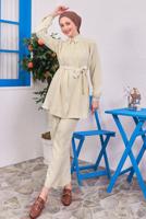 Tesettür giyim BEJ KUŞAKLI PANTOLONLU TAKIM T 4383