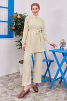 Tesettür giyim BEJ KUŞAKLI PANTOLONLU TAKIM T 4383