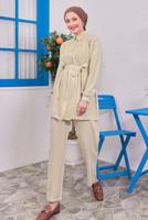 Tesettür giyim BEJ KUŞAKLI PANTOLONLU TAKIM T 4383