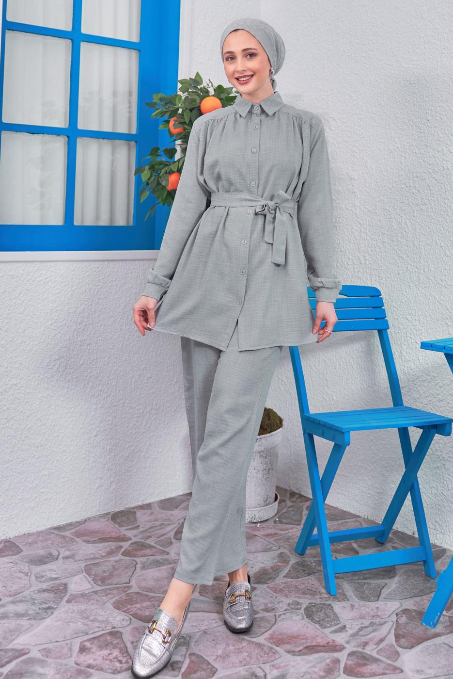 Tesettür giyim GRİ KUŞAKLI PANTOLONLU TAKIM T 4383