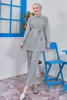 Tesettür giyim GRİ KUŞAKLI PANTOLONLU TAKIM T 4383