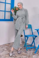Tesettür giyim GRİ KUŞAKLI PANTOLONLU TAKIM T 4383
