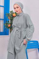 Tesettür giyim GRİ KUŞAKLI PANTOLONLU TAKIM T 4383